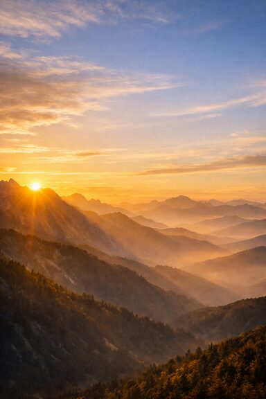 夕陽に照らされた山の稜線、静かな風が流れる風景
