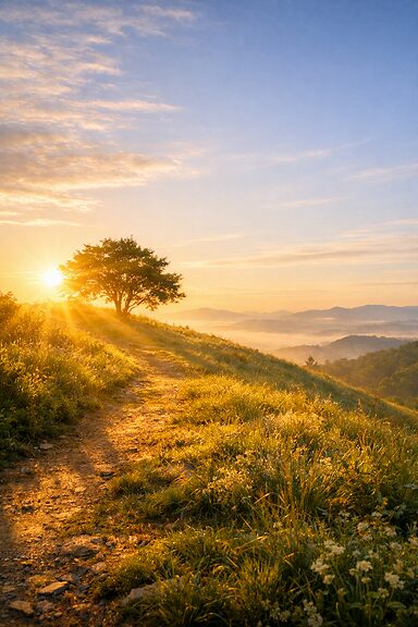 柔らかな朝の光が丘の上に差し込む静かな風景